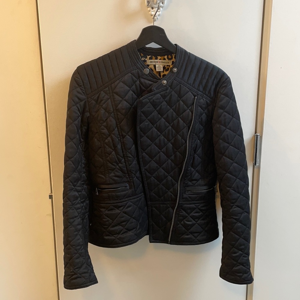 Quilted biker jacket with leopard interior